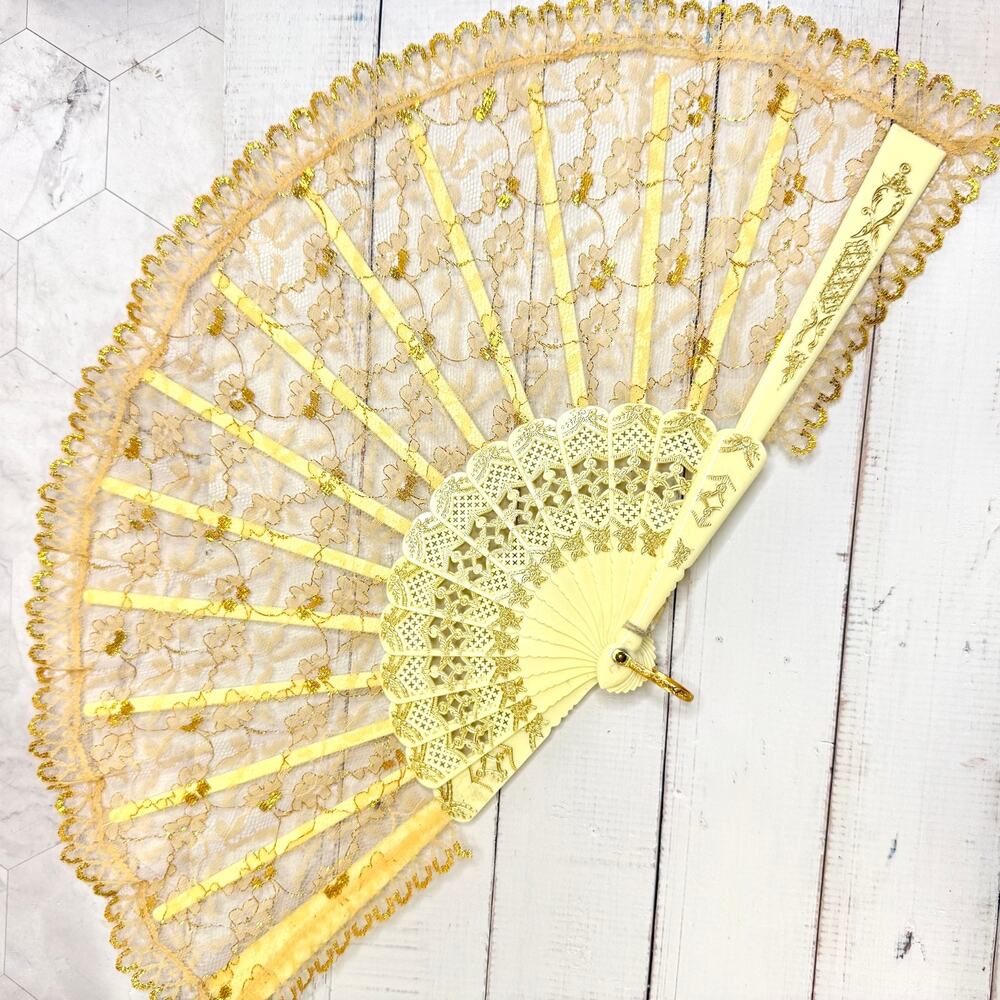 NOS Vintage Spanish Folding Hand Fan Gold Lace Filigree 19" Dance Wedding w/Tag